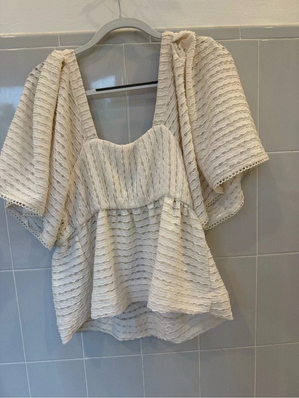 Anthropologie Cream Crochet Puff-Sleeve Top with Green Panel